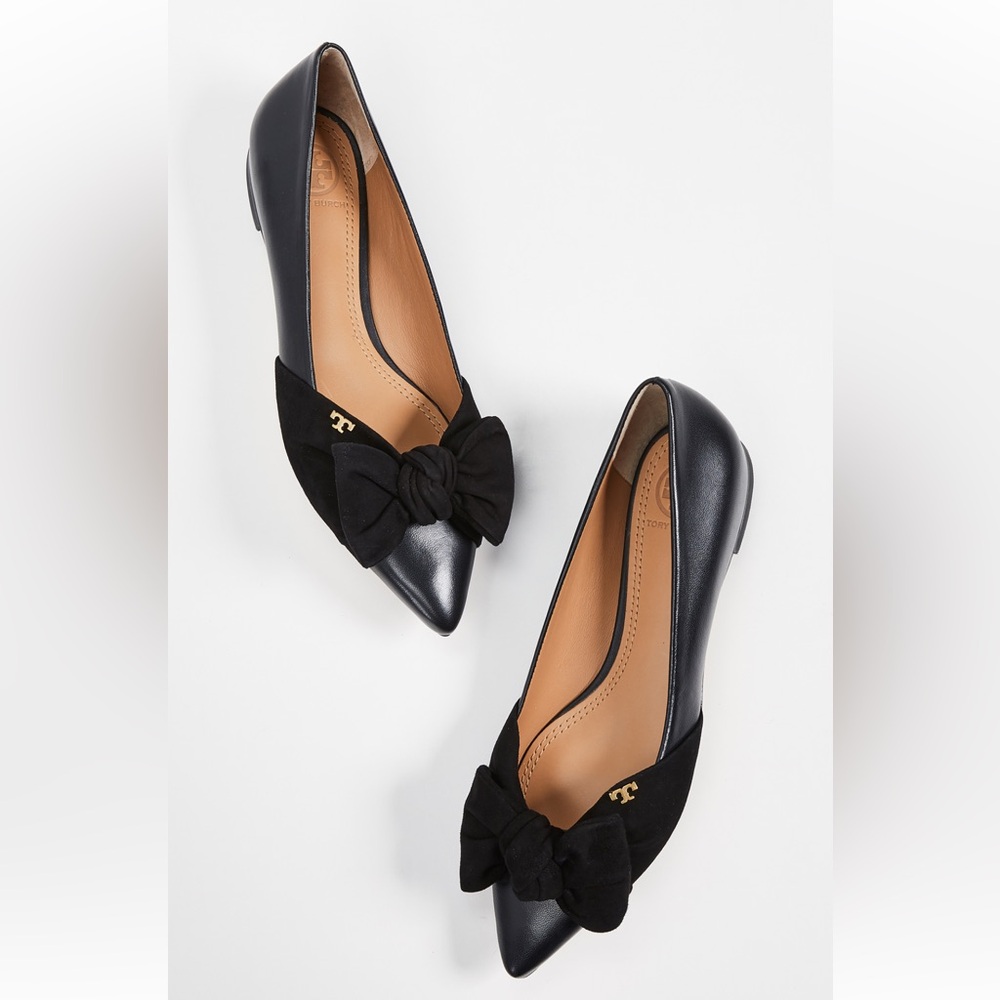 Tory Burch Eleanor Pointed Toe Slip On Black Leather Flat With Suede Bow Size 6